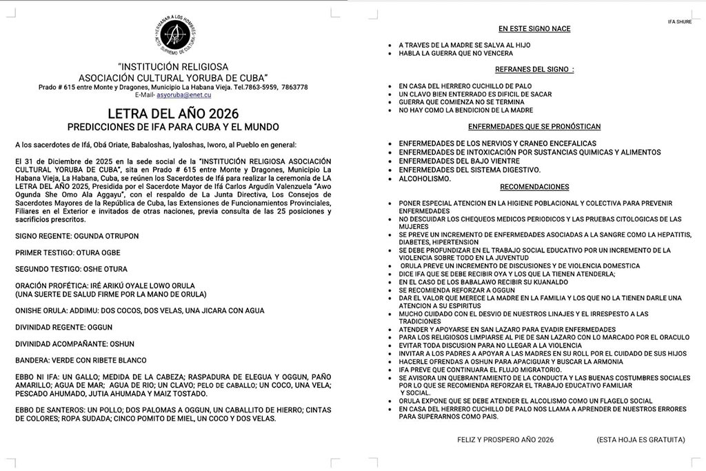 LETTER OF THE YEAR 2026 Yoruba Cultural Association of Cuba